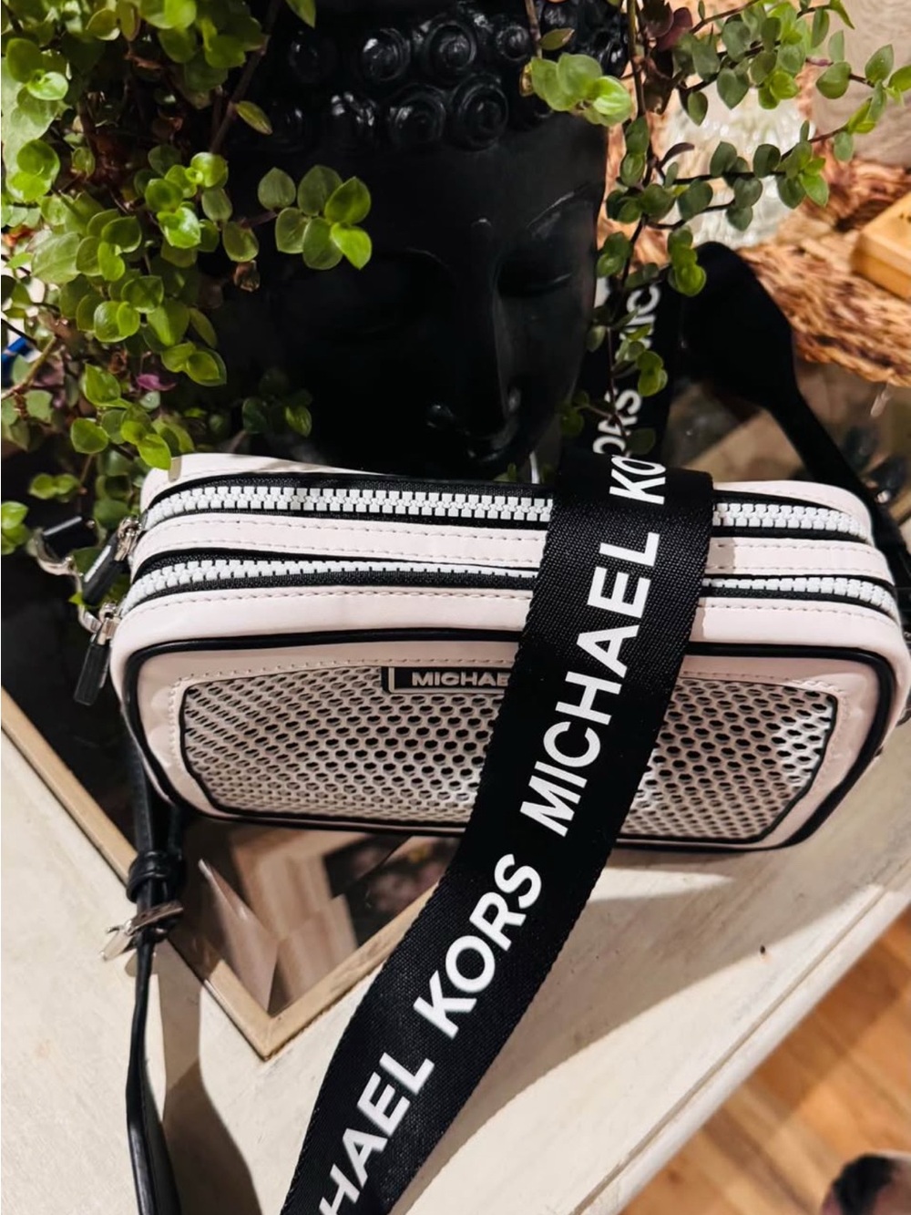 Michael Kors Black and White Mesh Crossbody Camera Bag
